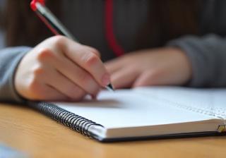 Student practicing writing in a notebook