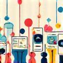 Illustration of people interacting online through screens